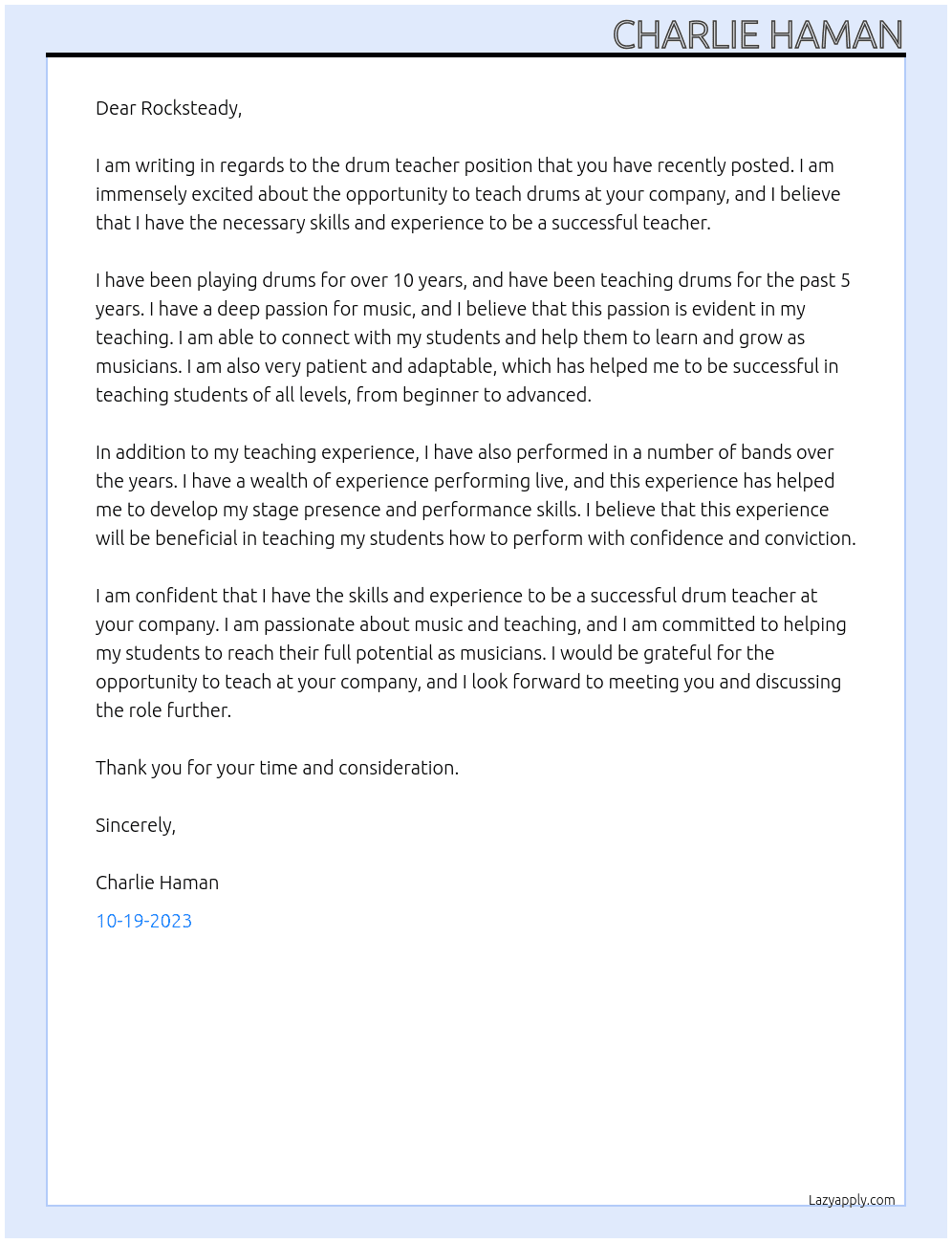Drum Teacher  At Rocksteady  Cover Letter