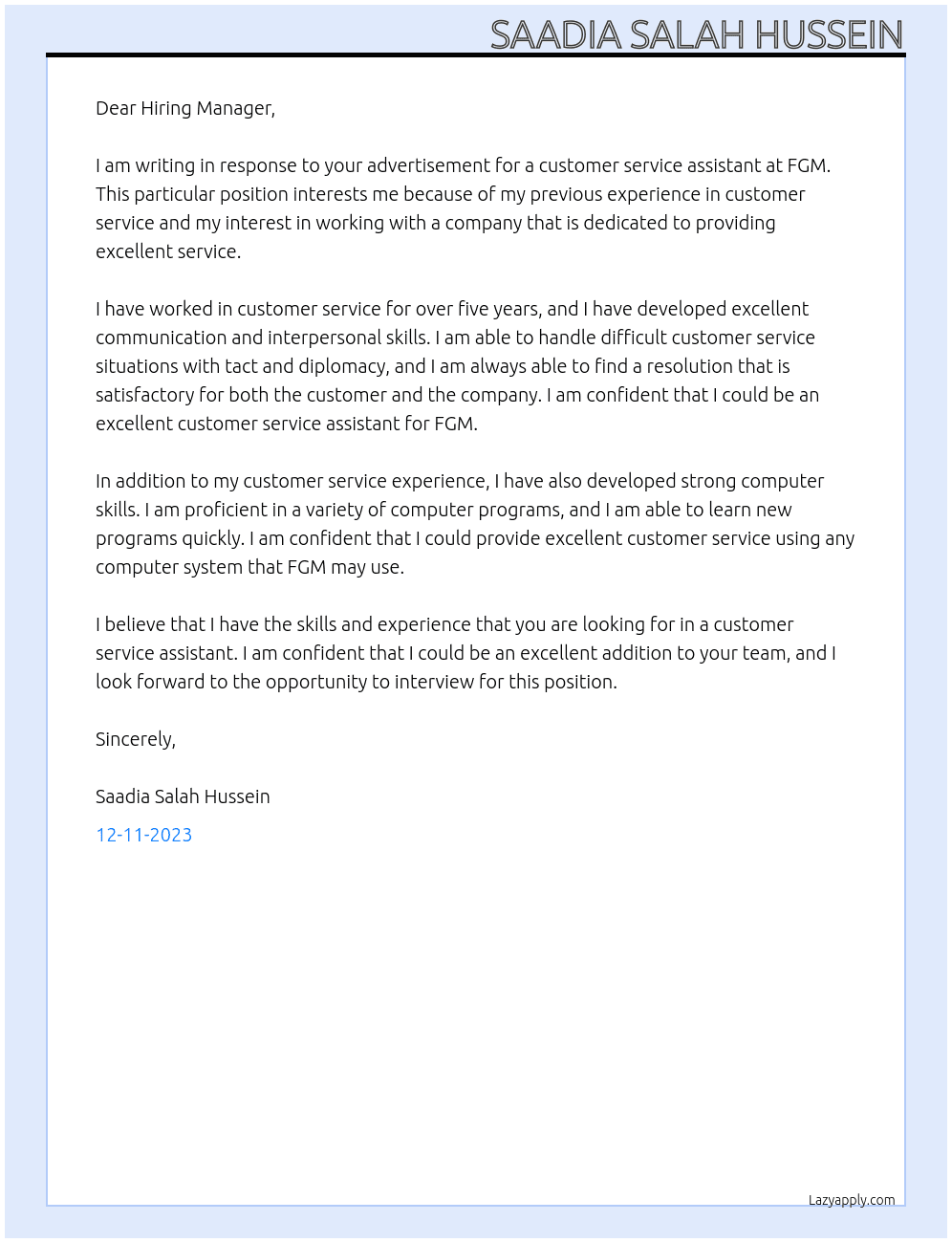customer service assistant At fgm  Cover Letter