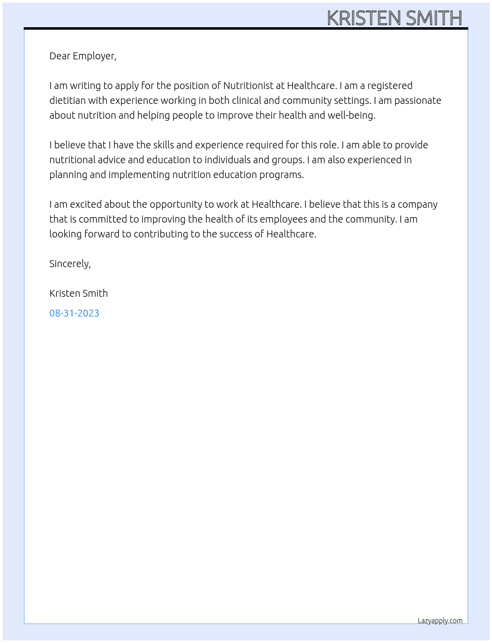 Nutritionist  At Healthcare  Cover Letter