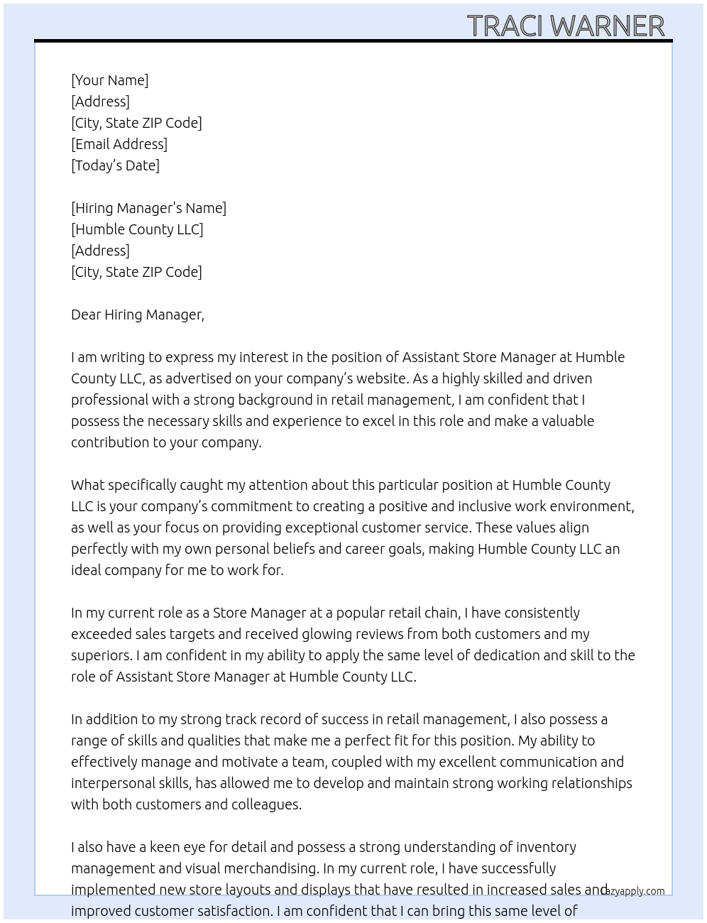 Assistant Store Manager At Humble County LLC Cover Letter