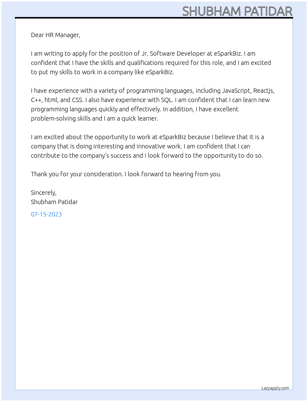 Jr. Software Developer At eSparkBiz Cover Letter