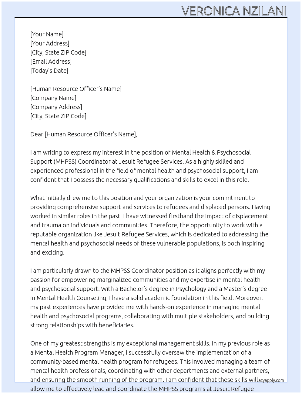 mental health & psychosocial support (MHPSS) coordinator At Jesuit Refugee Services Cover Letter