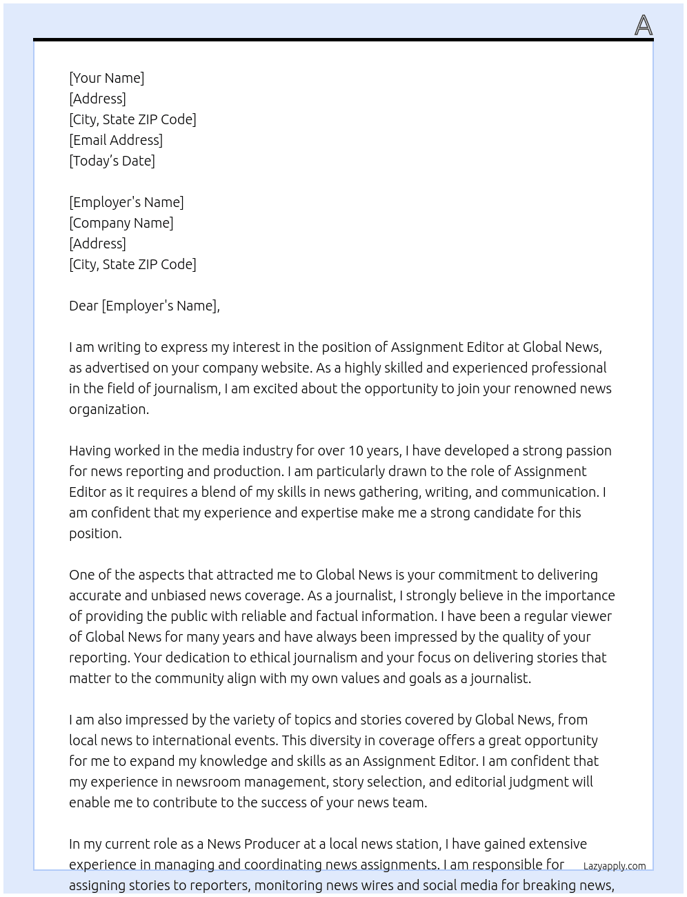 Assignment Editor At Global News Cover Letter