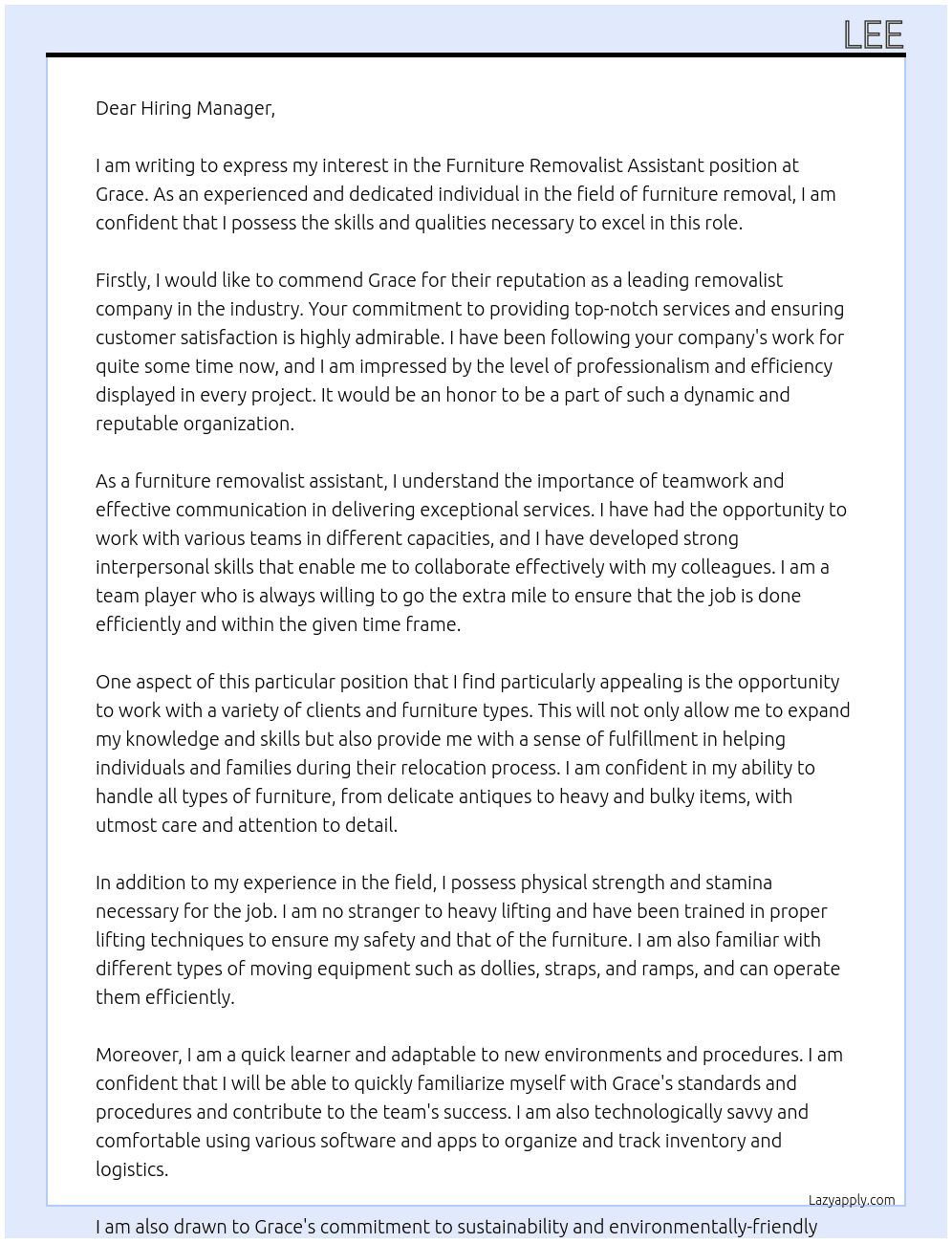 Cover letter for furniture removalist assitant - LazyApply