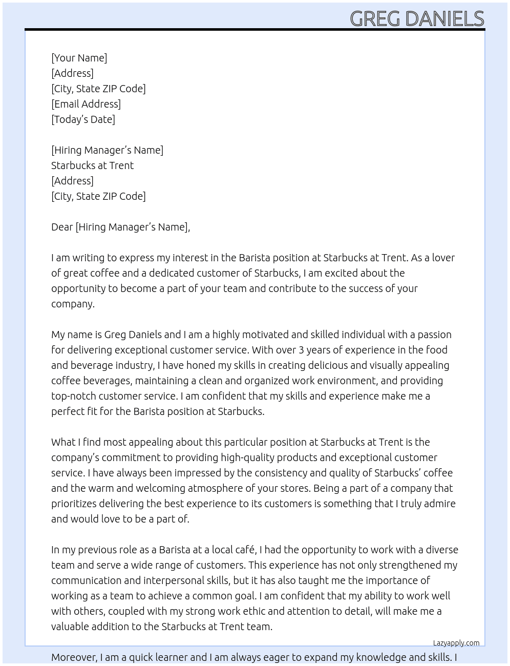 barista At starbucks at trent Cover Letter