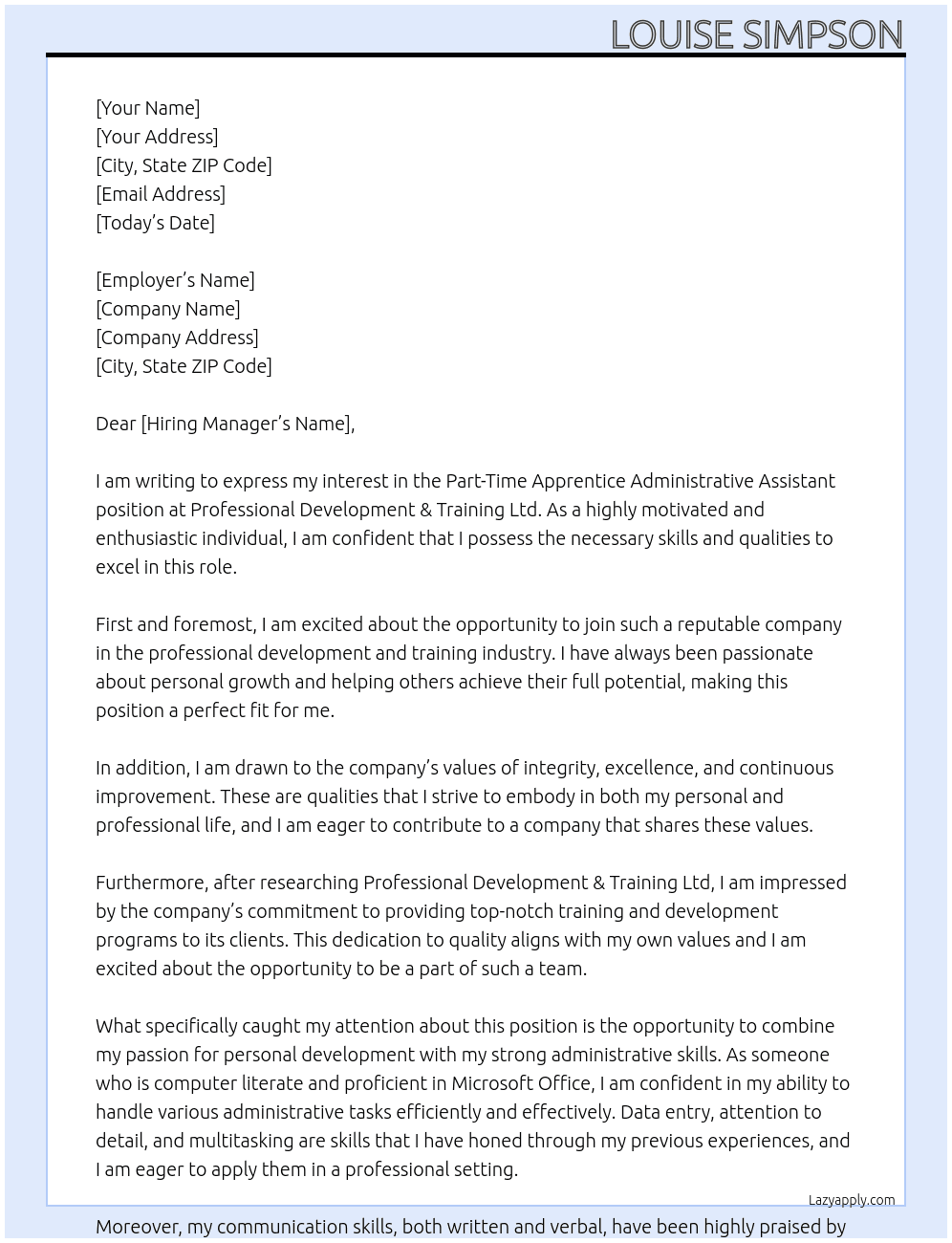 part time Apprentice Administrative Assistant At Professional Development & Training Ltd Cover Letter