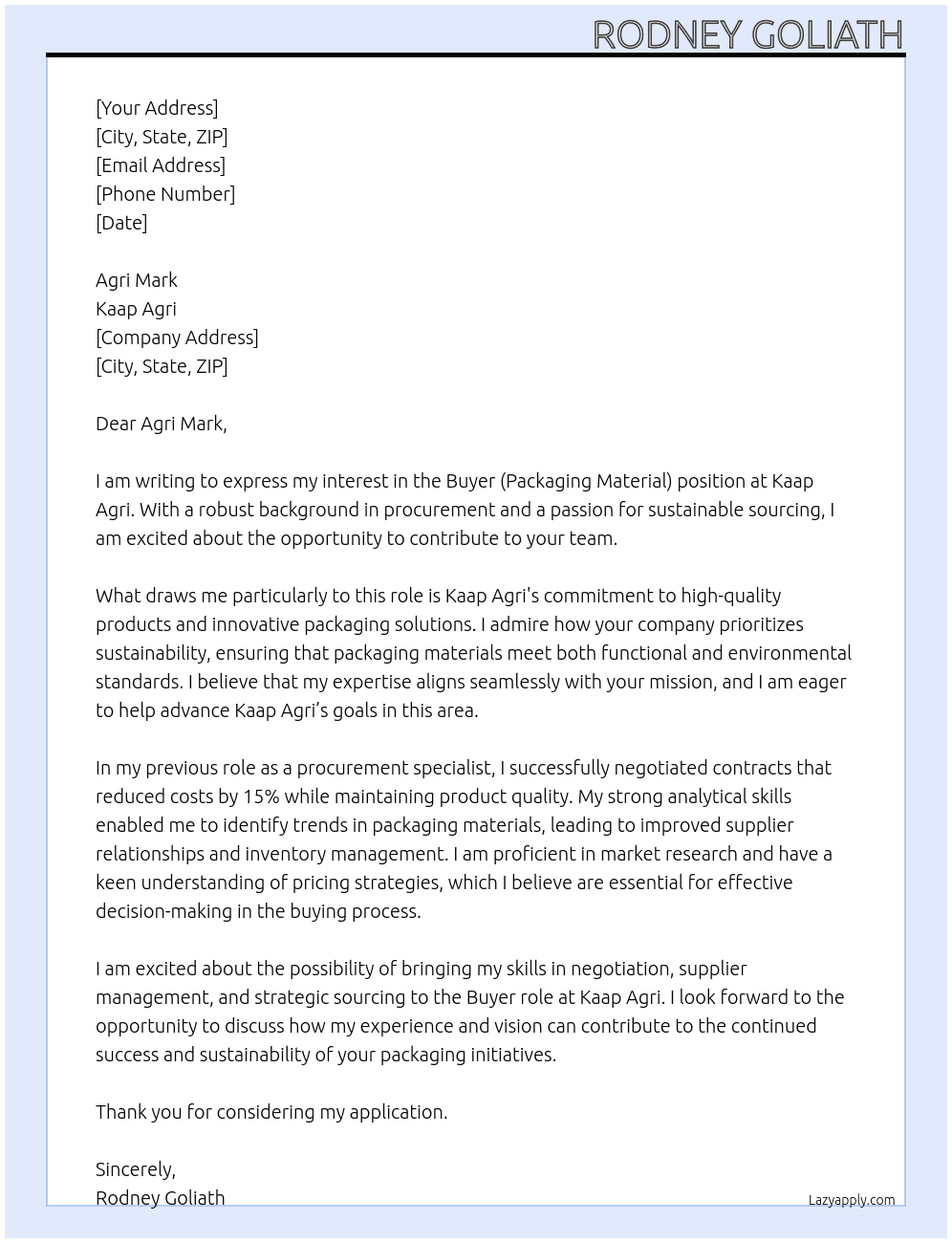 Buyer (Packaging Material)  At Kaap Agri Cover Letter