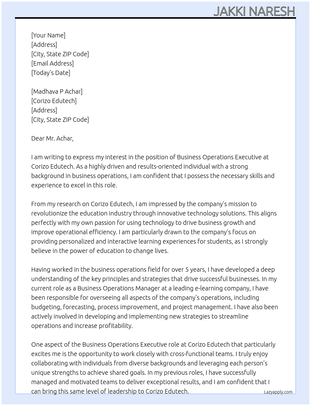 Business Operations Executive  At Corizo Edutech Cover Letter