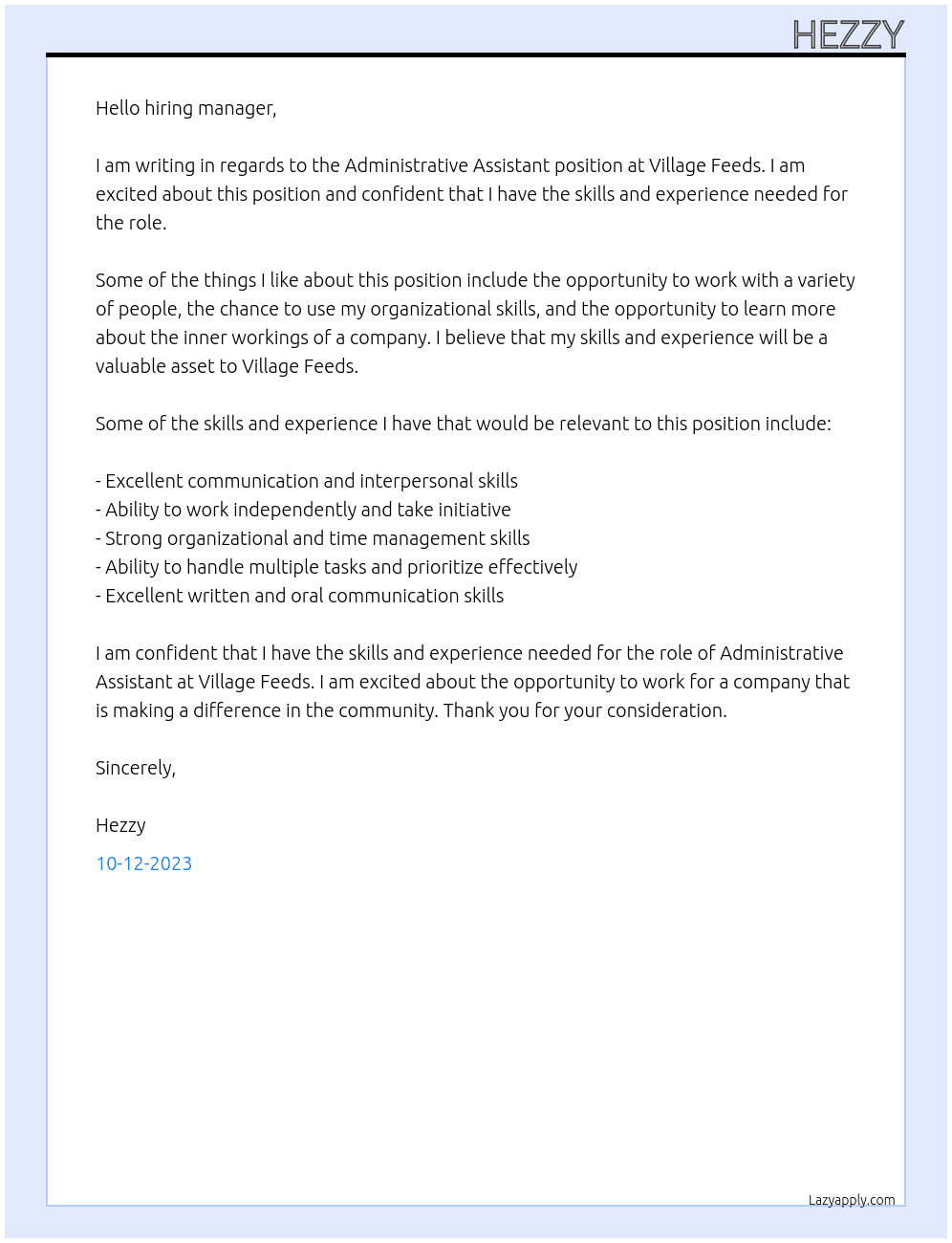 Admnistartive assistant At village feeds Cover Letter