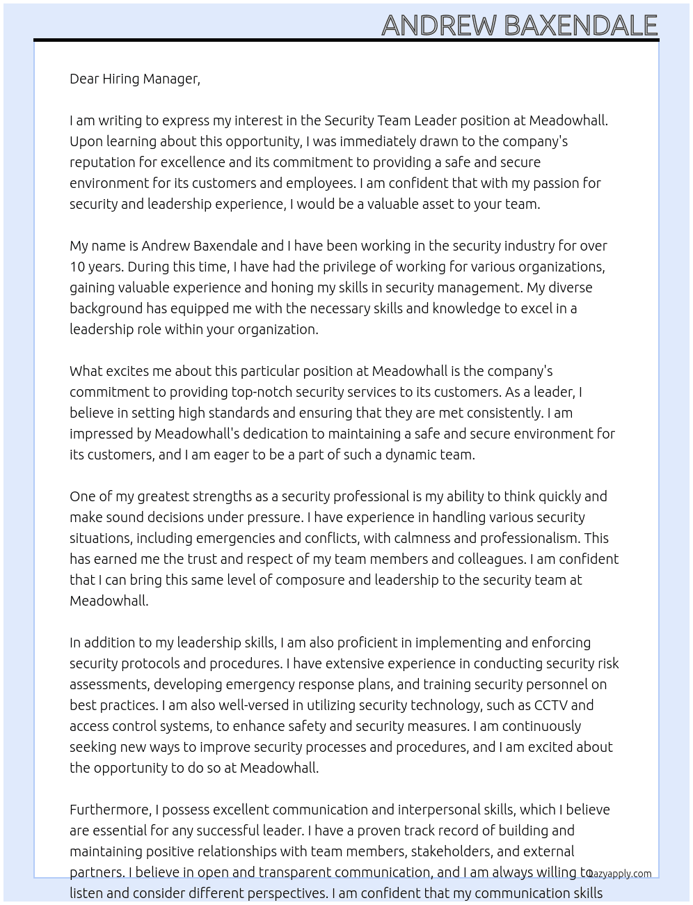 Security team leader At Meadowhall Cover Letter