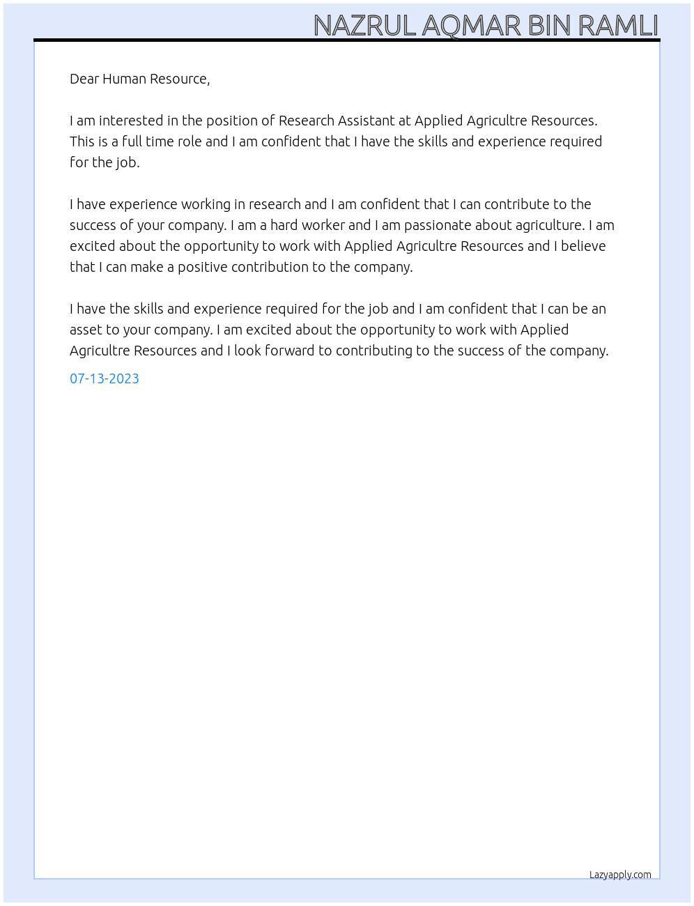 Research Assistant At Applied Agricultre Resources Cover Letter