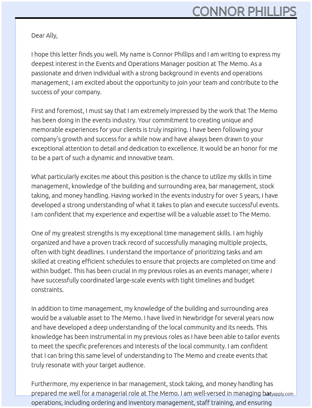 Events and Operations Manager At The Memo Cover Letter