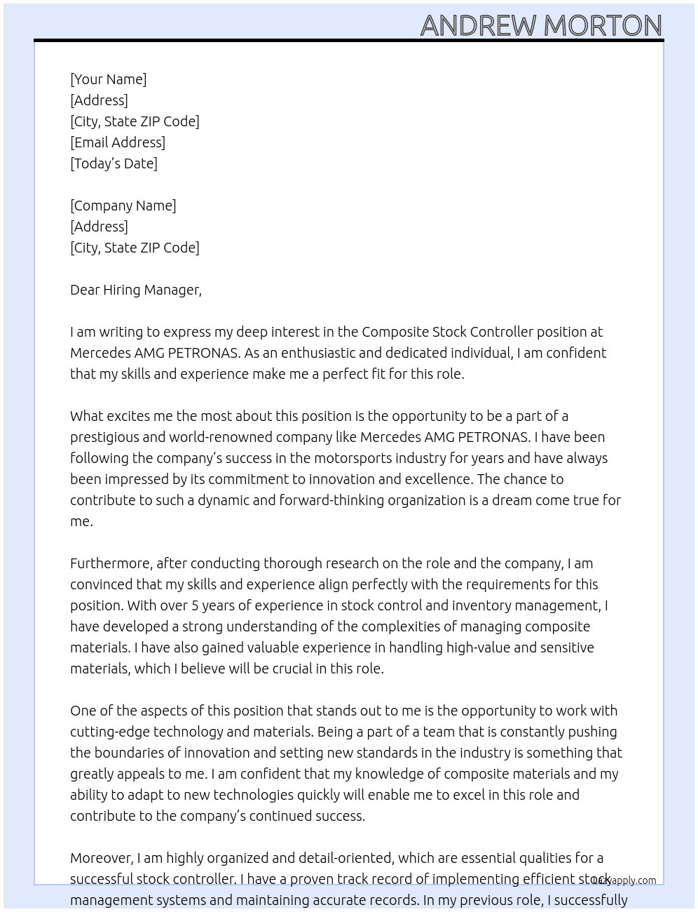Composite Stock Controller At Mercedes AMG PETRONAS Cover Letter