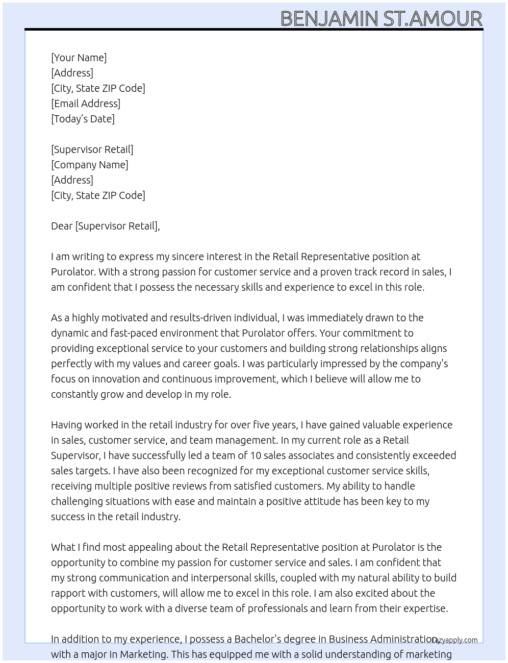  Retail Representative At Purolator Cover Letter