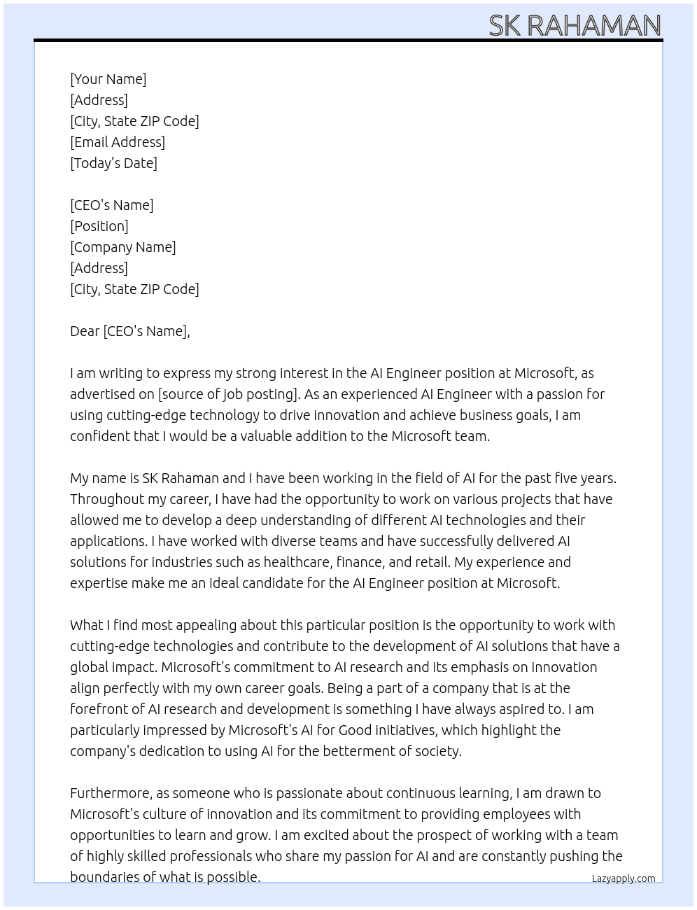 AI Engineer At Microsoft Cover Letter