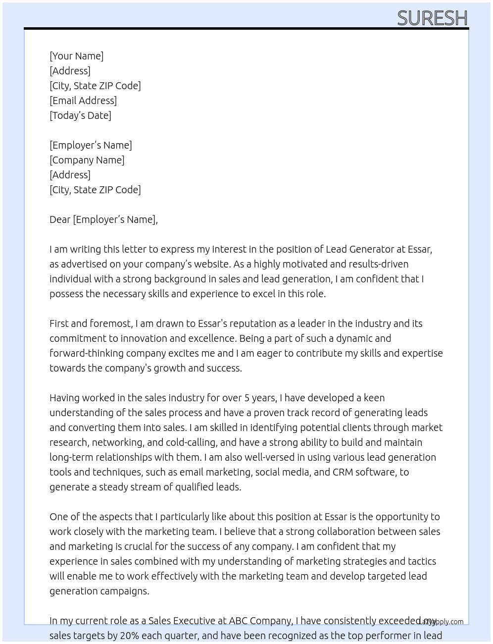 Lead Generator At Essar Cover Letter