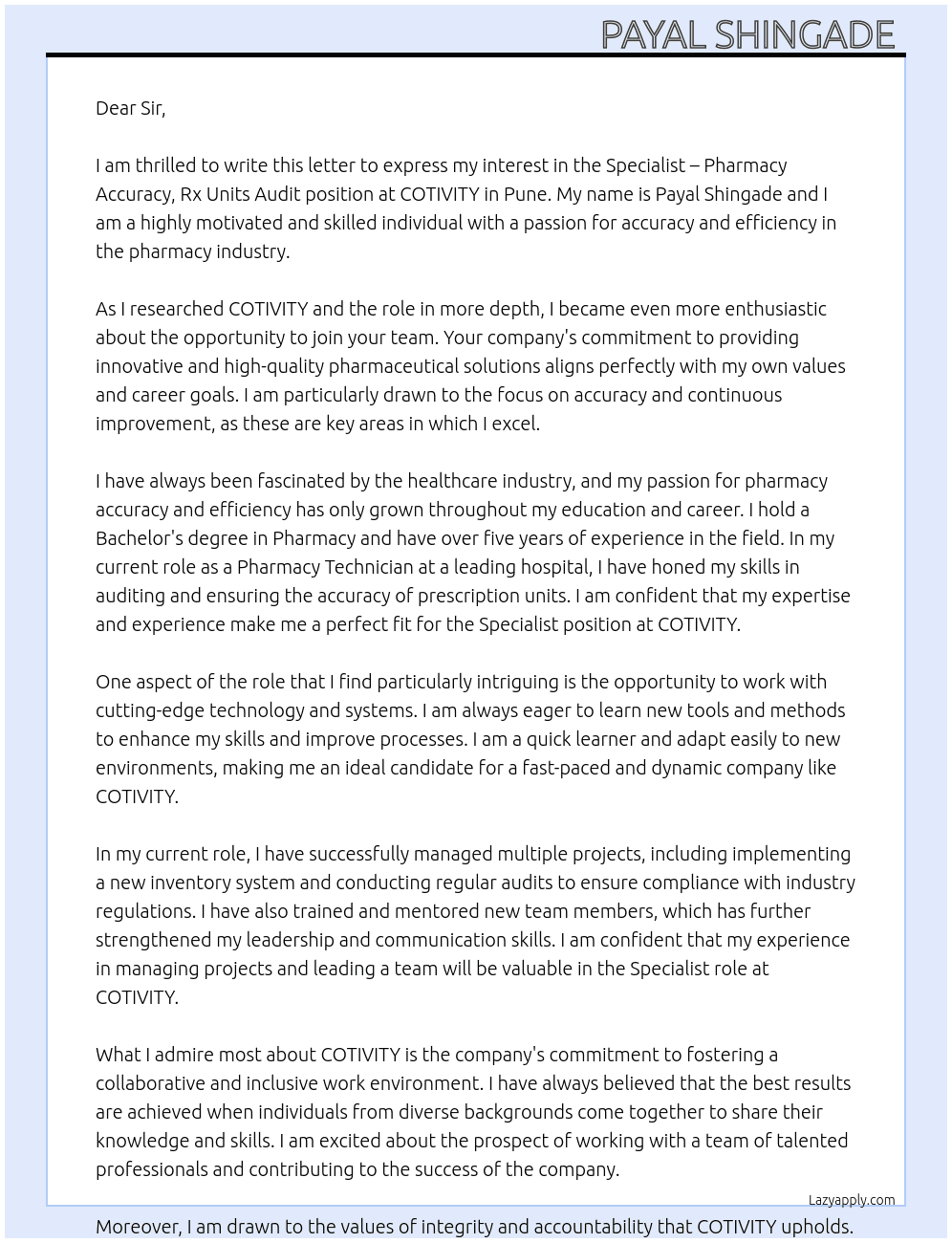Specialist –Pharmacy Accuracy, Rx Units Audit At COTIVITY, Pune Cover Letter