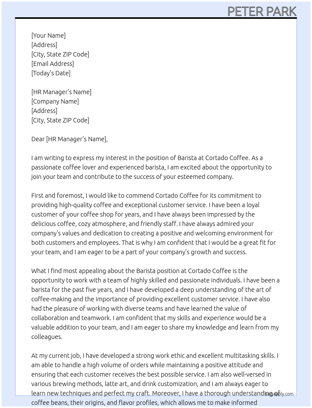 Barista At Cortado Coffee Cover Letter