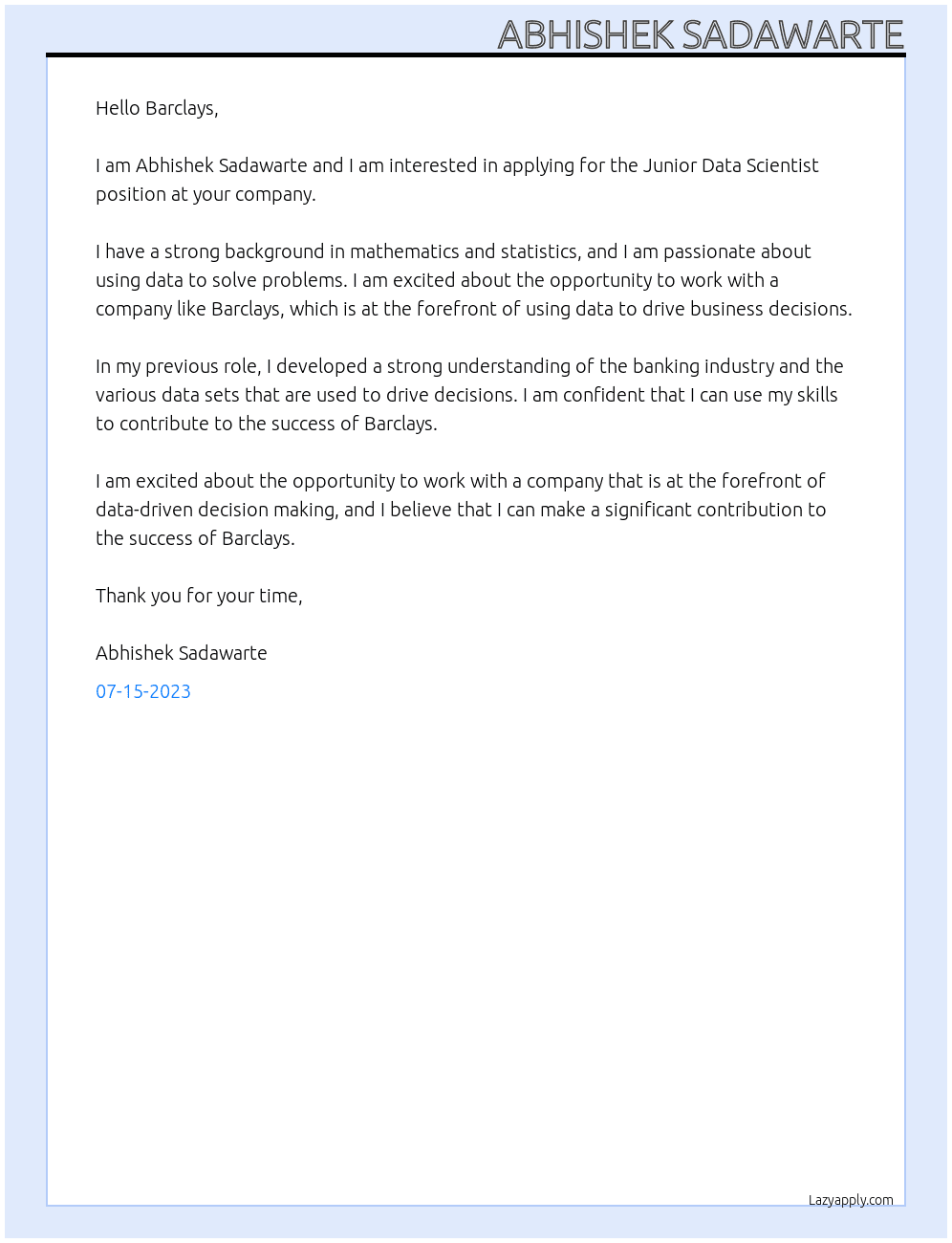 Junior Data Scientist At Barclays Cover Letter