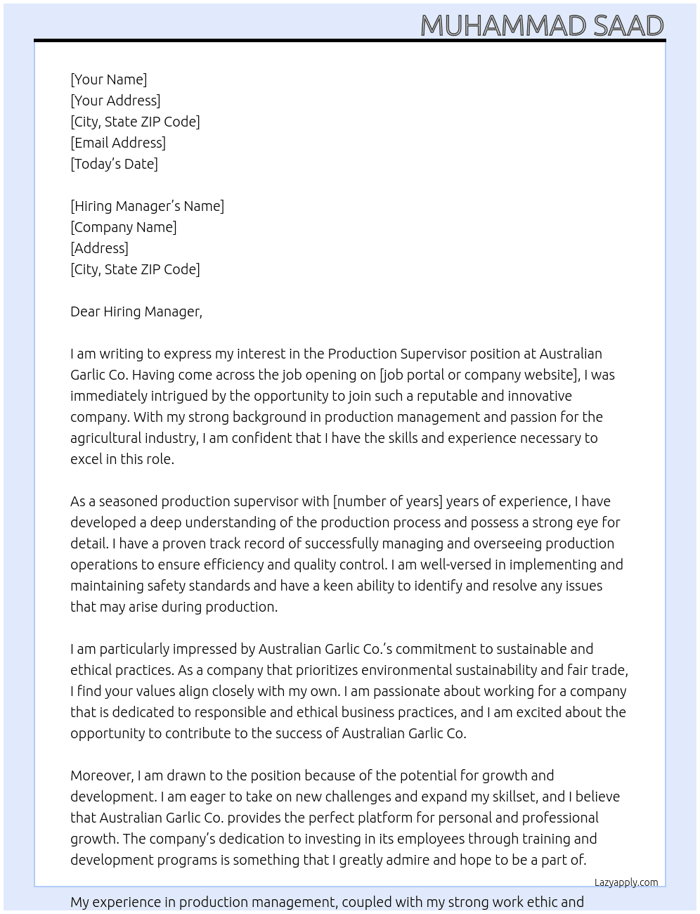 Production Supervisor At Austalian Garlic Co. Cover Letter