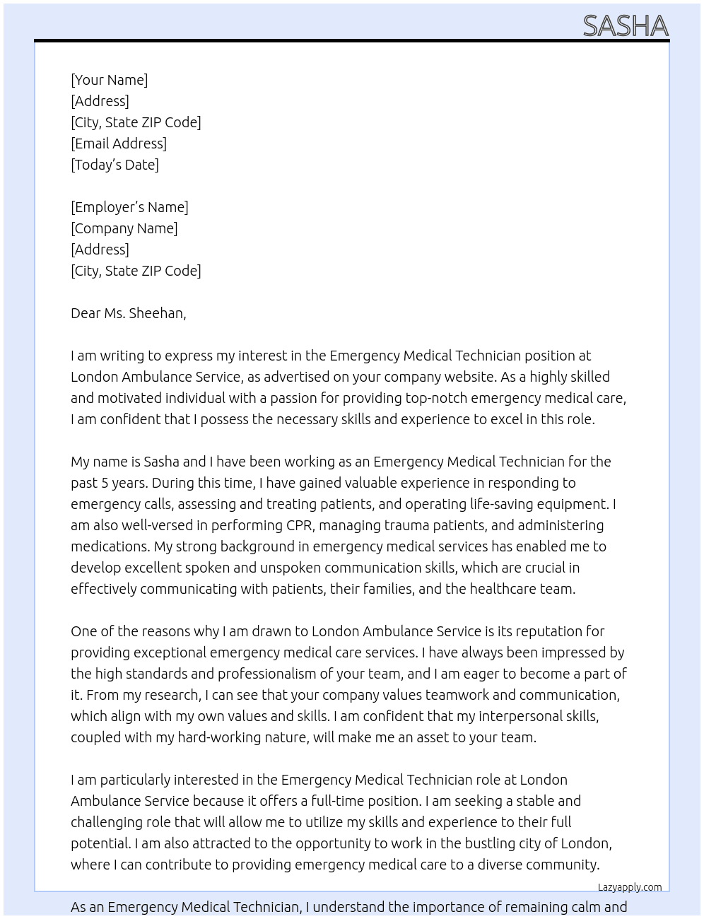 Emergency medical technician At London ambulance Service Cover Letter