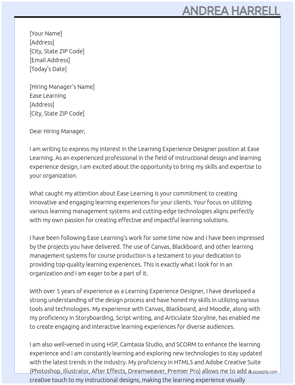 Learning Experience Designer At Ease Learning Cover Letter