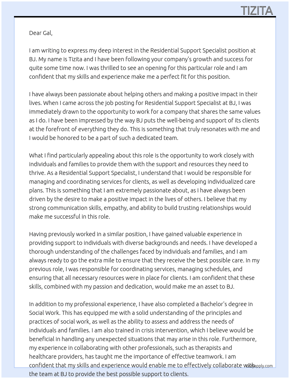 Cover letter for residential support specialist - LazyApply