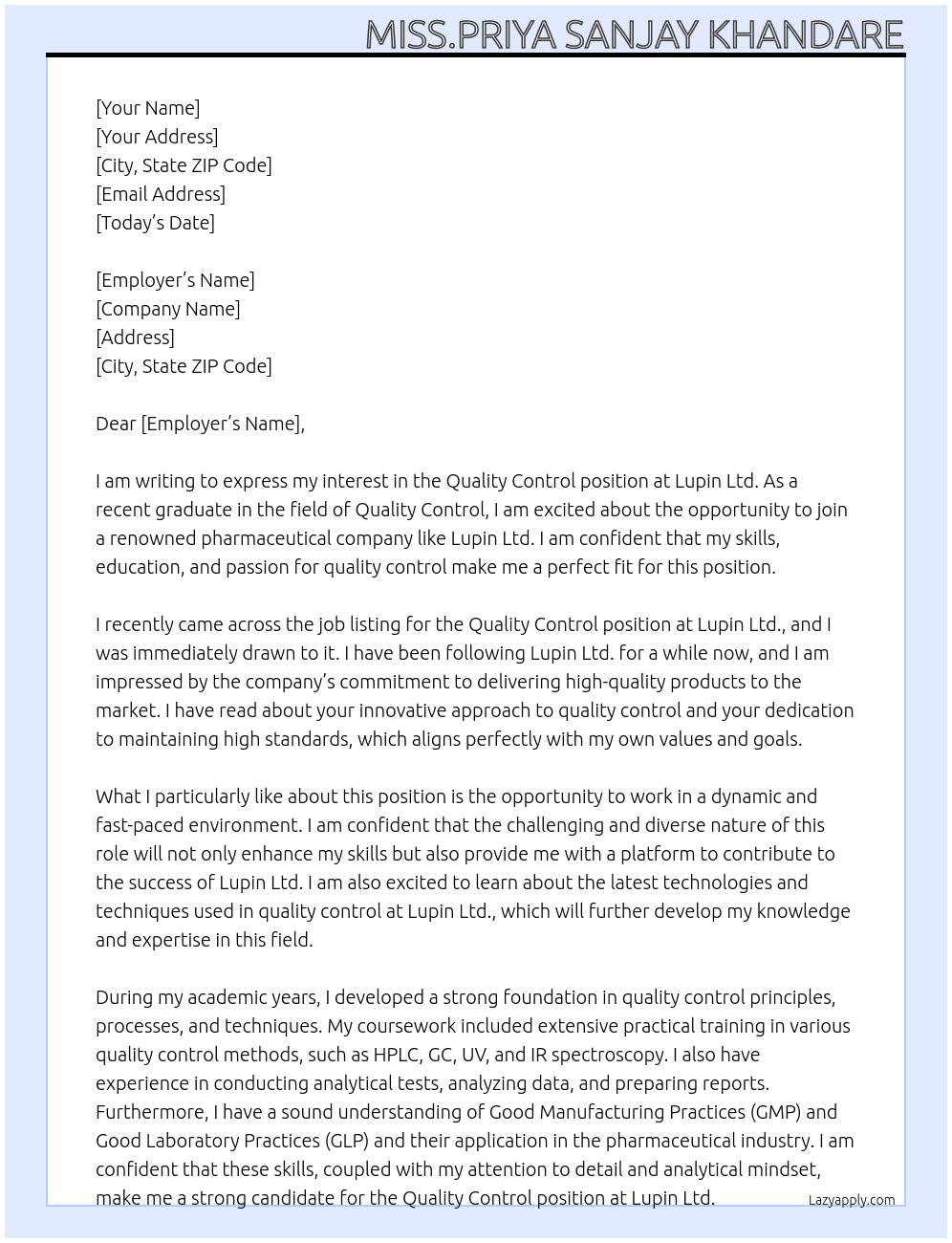 quality control At Lupin Ltd. Cover Letter