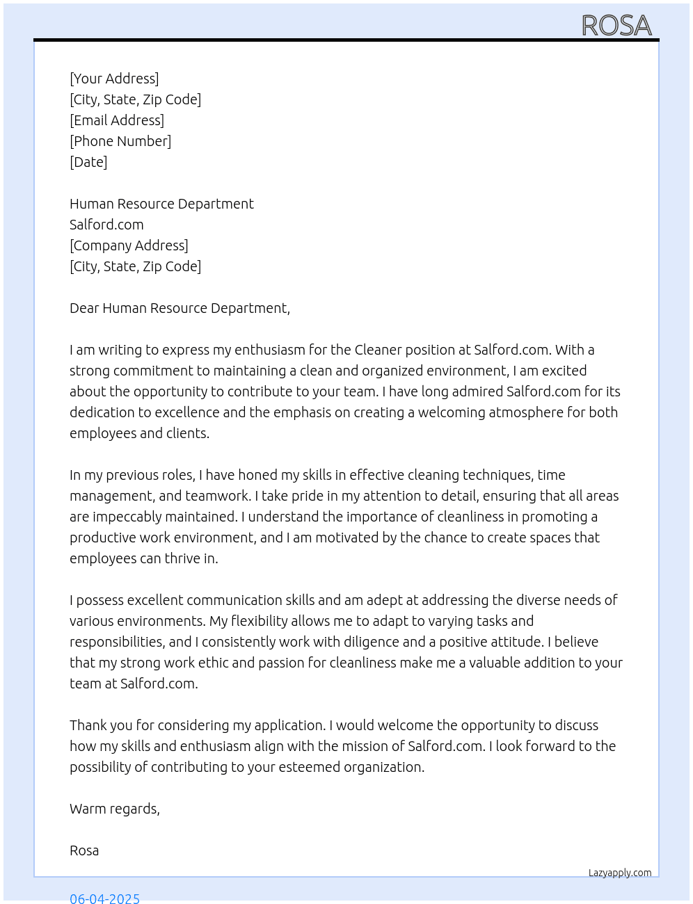 Cleaner At Salford.com Cover Letter