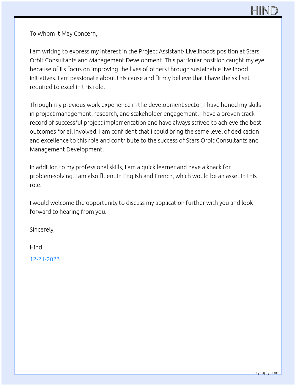 Project Assistant- Livelihoods  At Stars Orbit Consultants and Management Development  Cover Letter