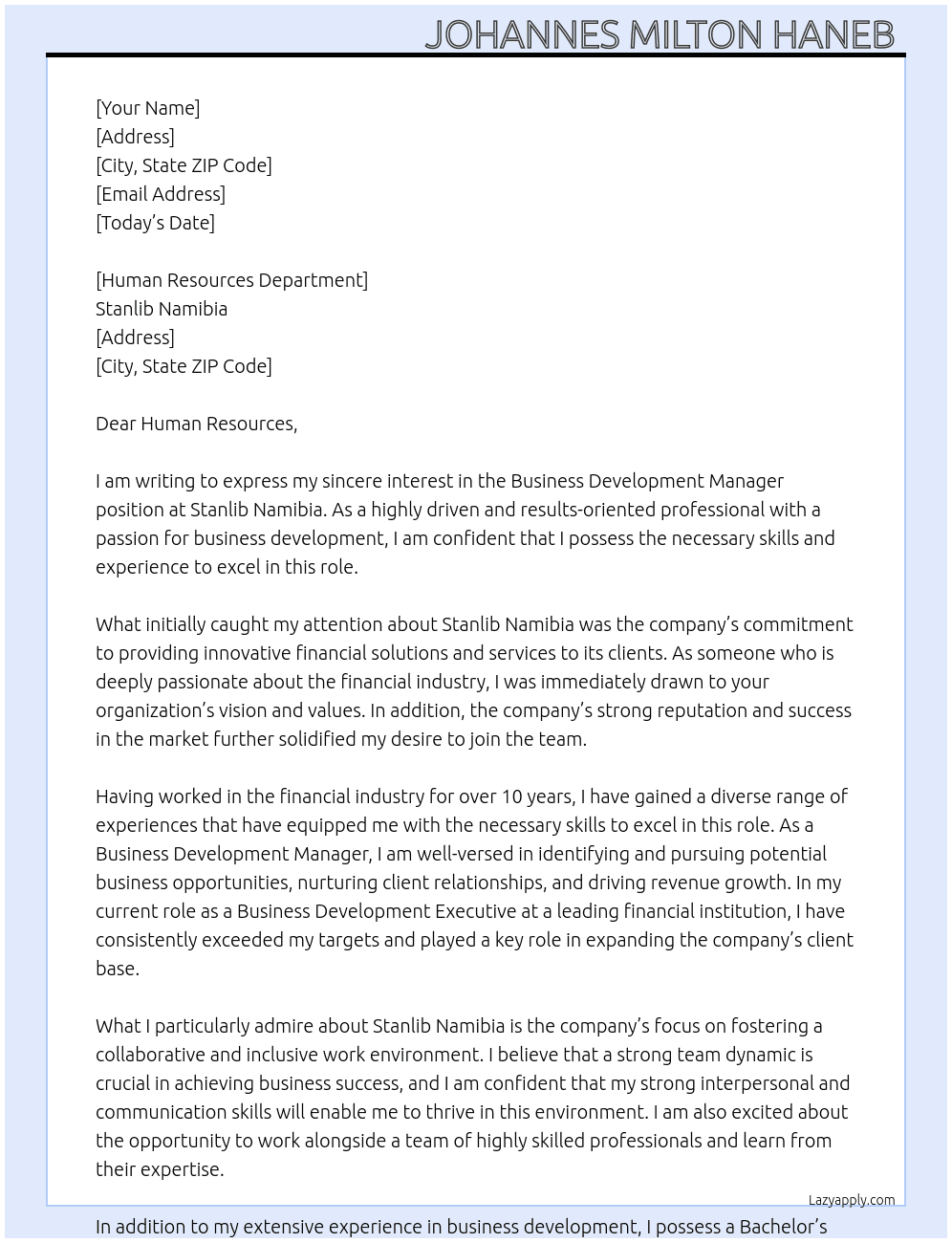 Business Development Manager  At Stanlib Namibia  Cover Letter