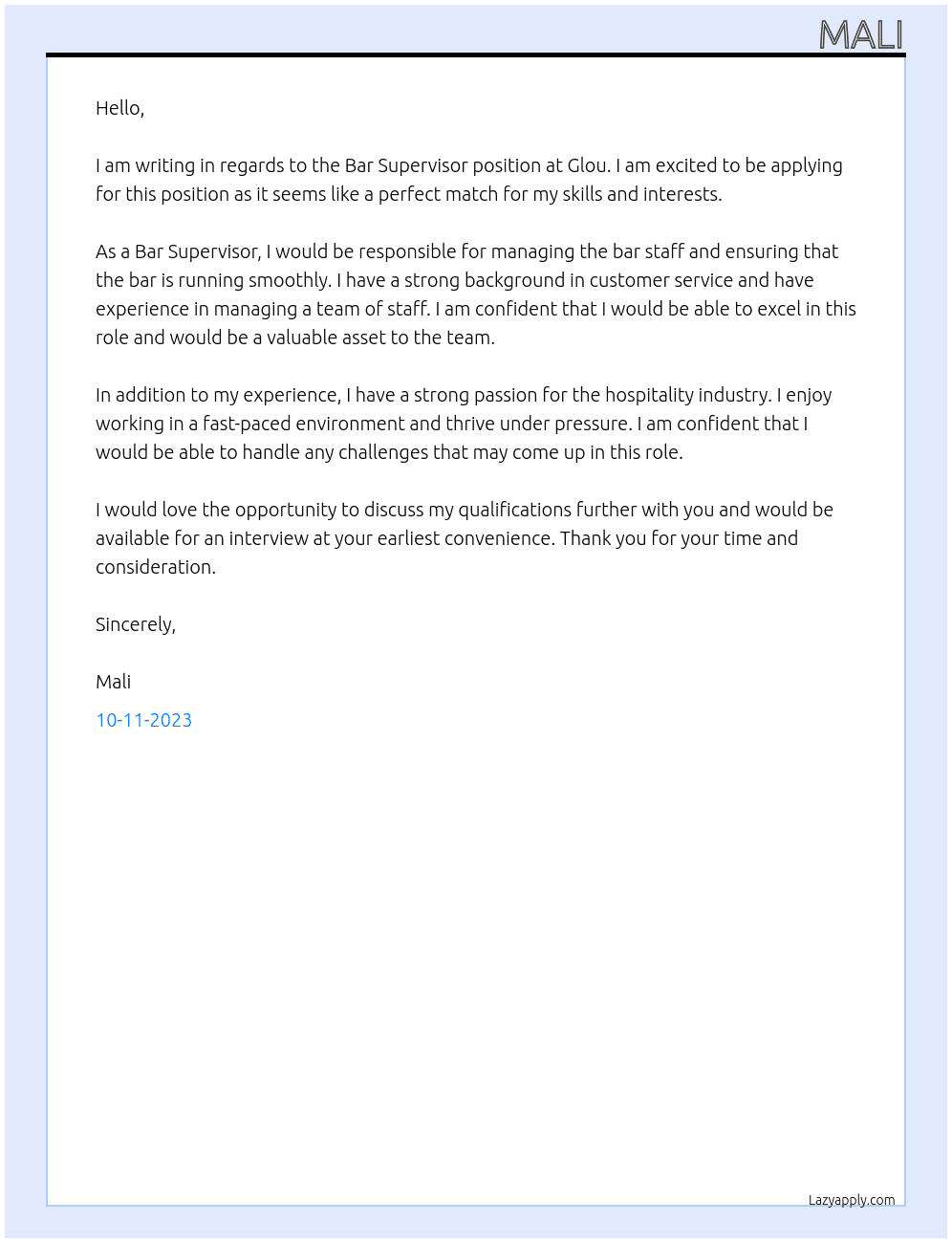 Bar Supervisor At Glou Cover Letter