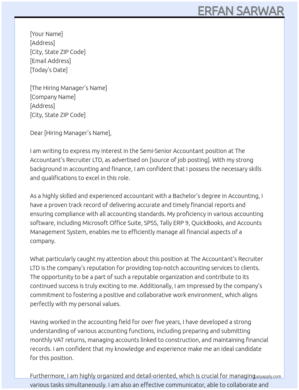 Semi-Senior Accountant At The Accountant's Recruiter LTD Cover Letter