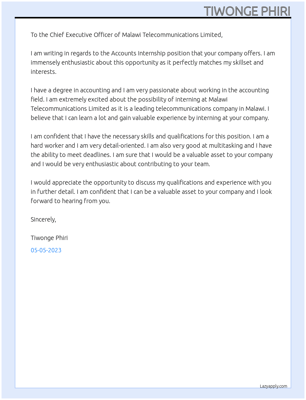 Accounts Internship  At Malawi Telecomumnications Limited Cover Letter