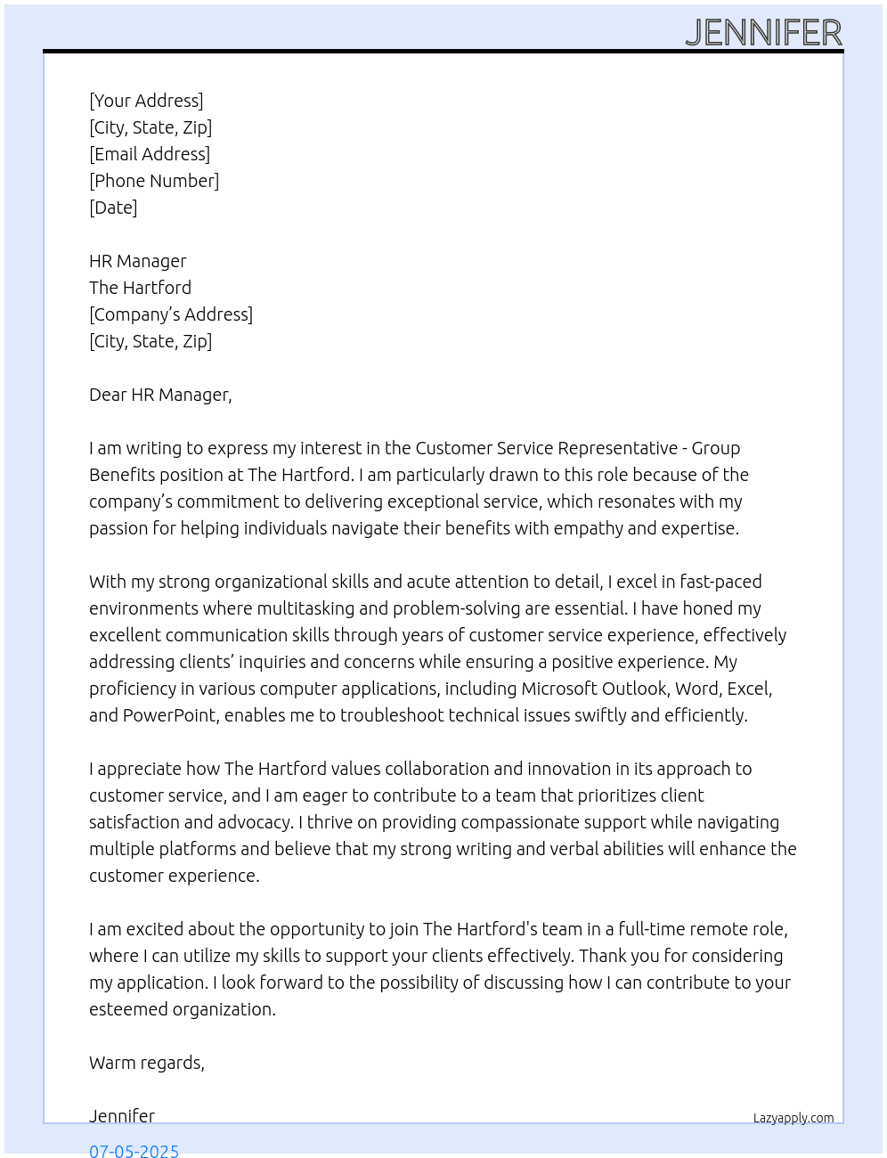 Customer Service Representative - Group Benefits At The Hartford Cover Letter