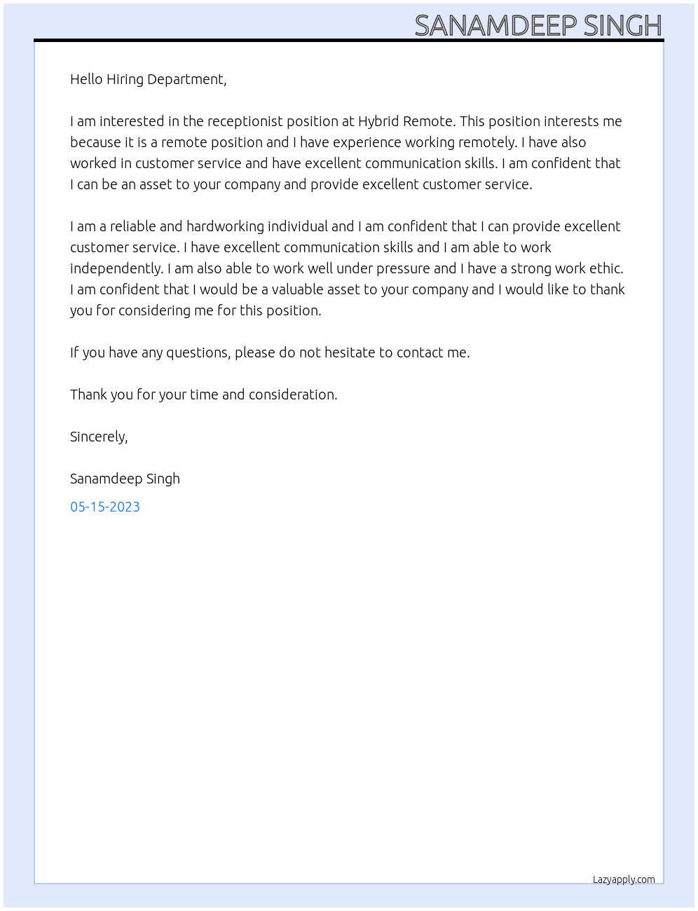 receptionist At hybrid remote Cover Letter