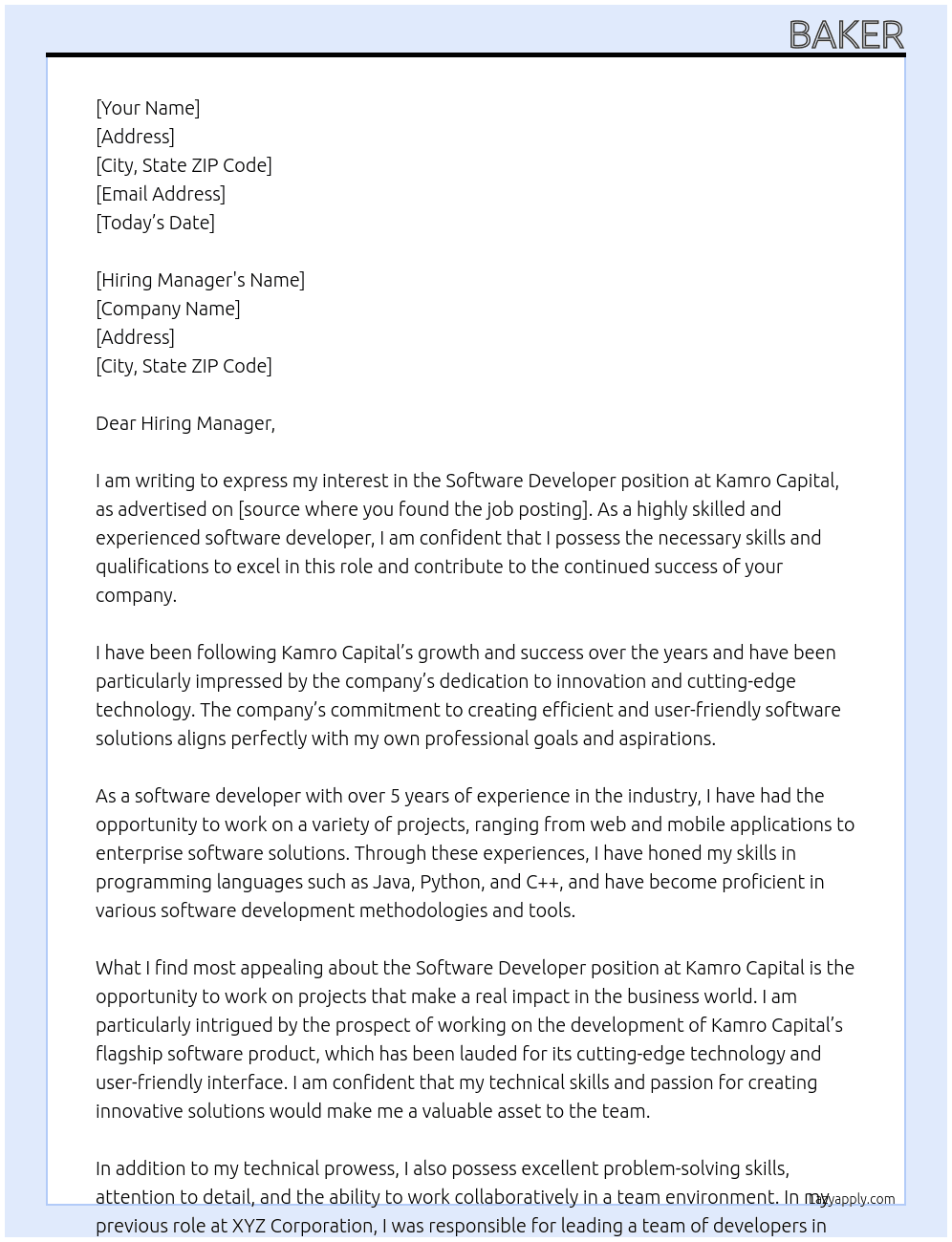 Software Developer At Kamro Capital Cover Letter