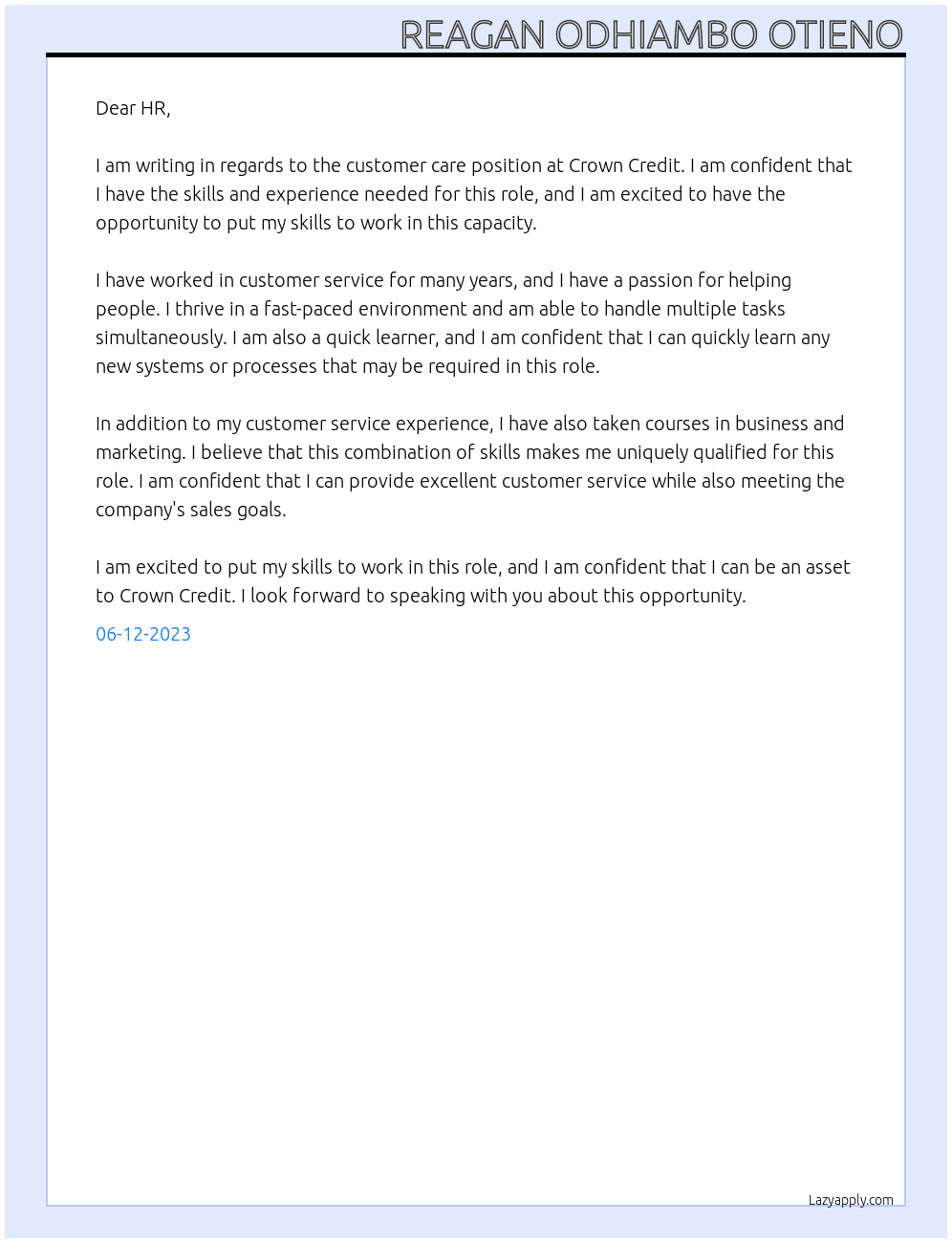 Customer care At Crown Credit Cover Letter