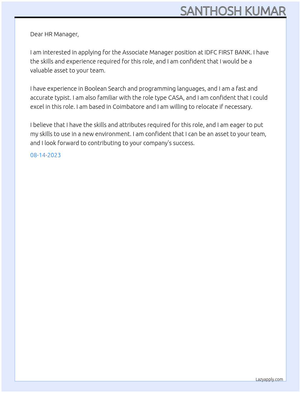 Associate Manager  At IDFC FIRST BANK  Cover Letter