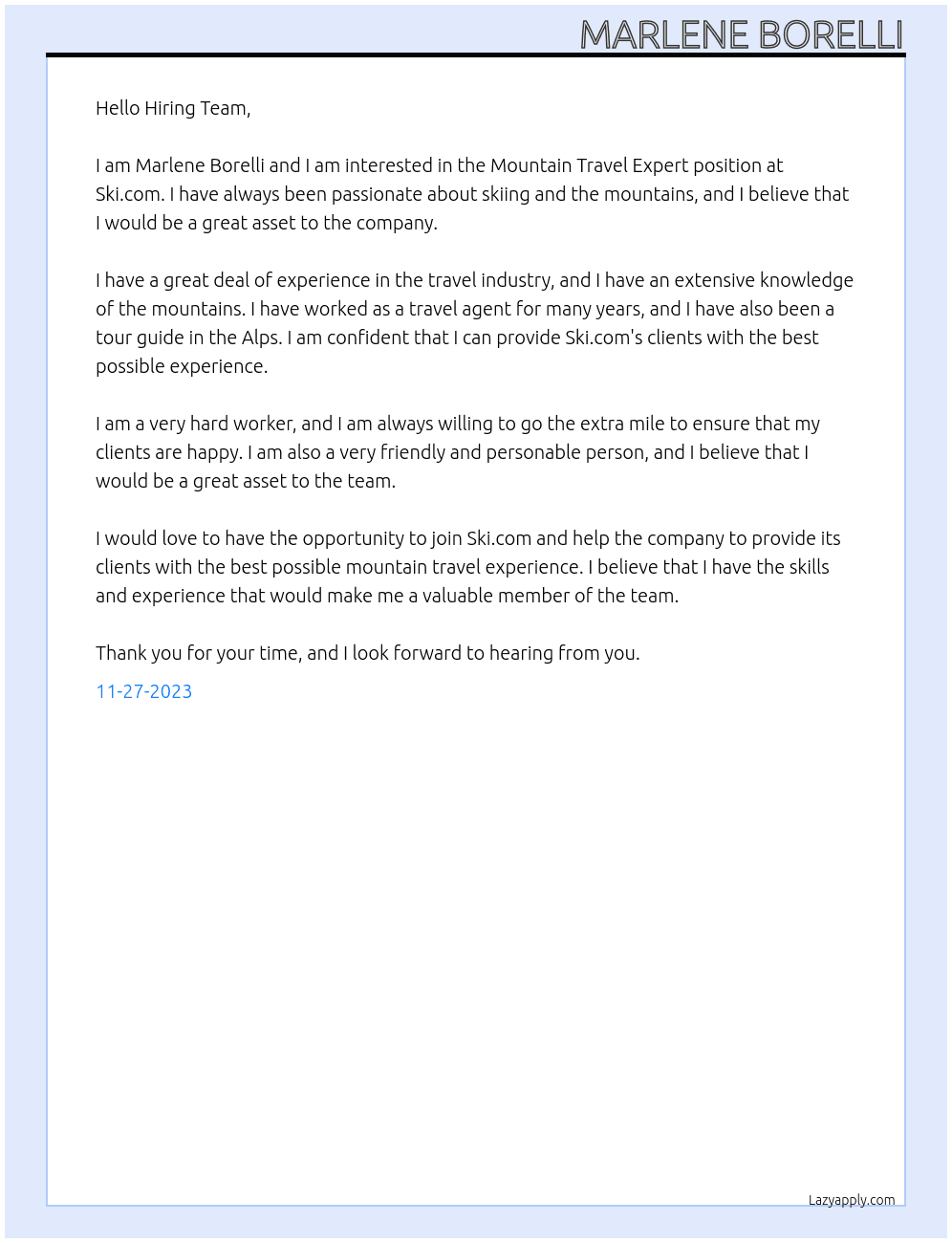 Cover letter for mountain travel expert position - LazyApply
