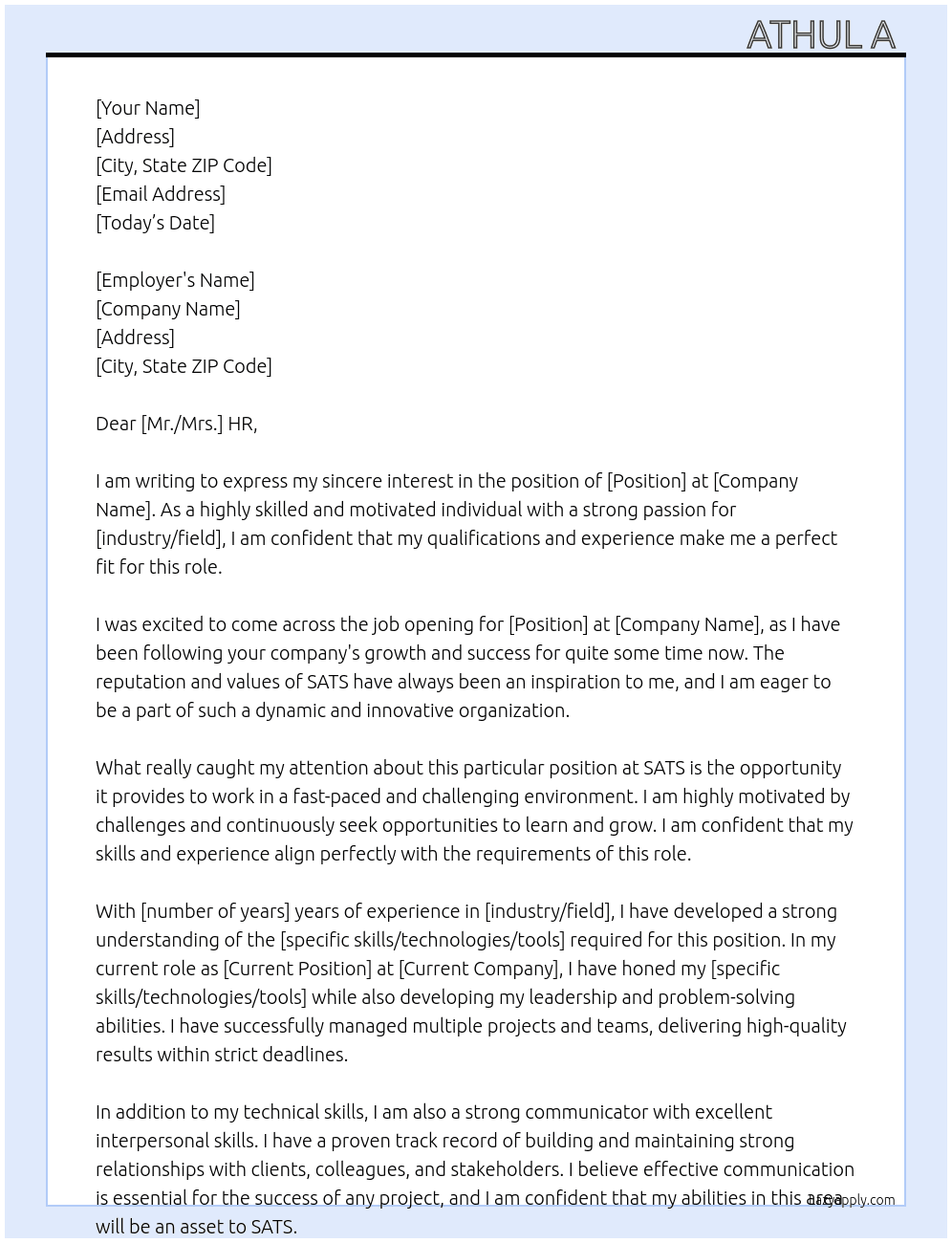 SATS At SATS Cover Letter