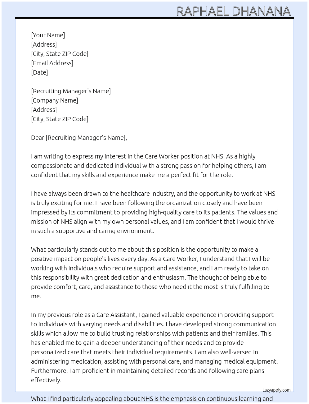 care worker  At NHS Cover Letter