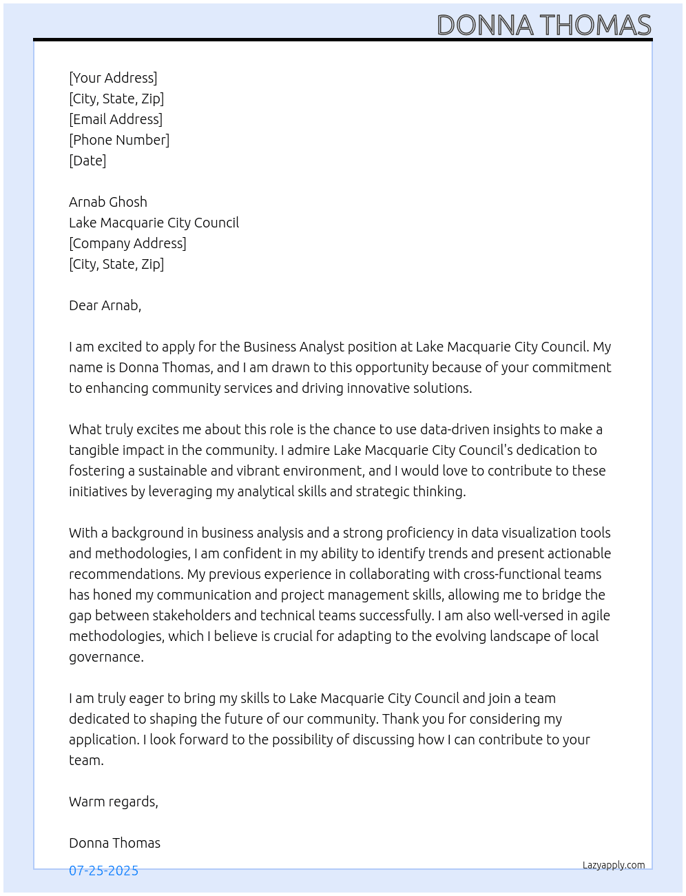 Business Analyst At Lake Macquarie City Council Cover Letter