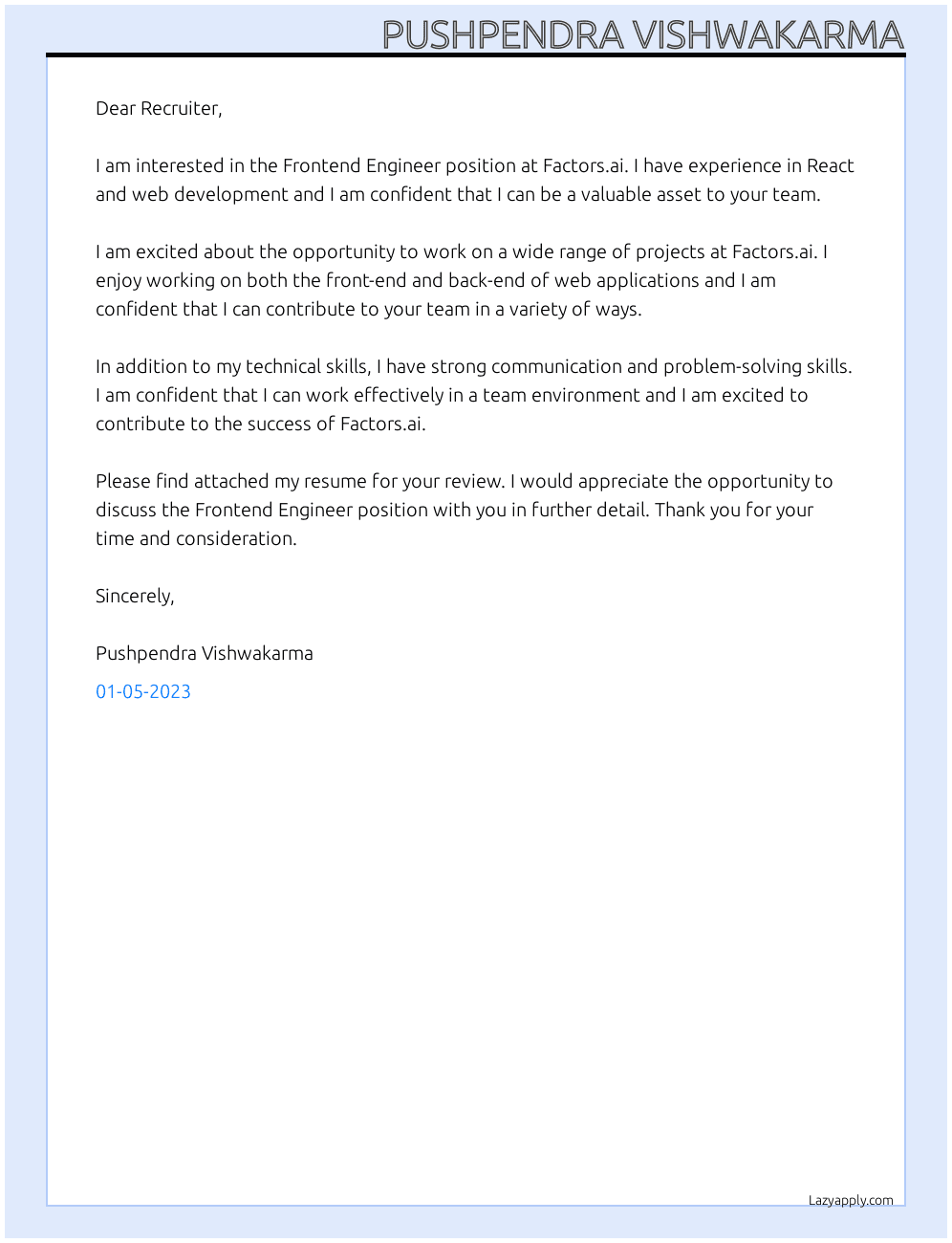 Frontend Engineer At Factors.ai Cover Letter