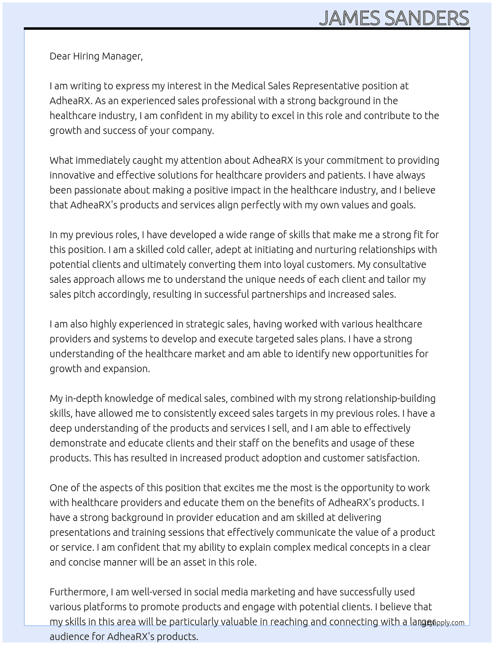 Medical Sales Representative At AdheaRX Cover Letter