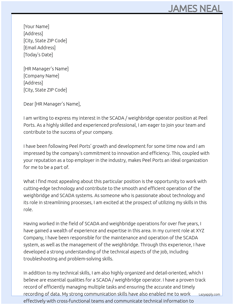 SCADA / weighbridge operator At Peel Ports Cover Letter