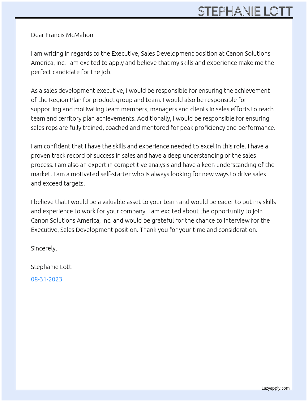 Executive, Sales Development At Canon Solutions America, Inc. Cover Letter