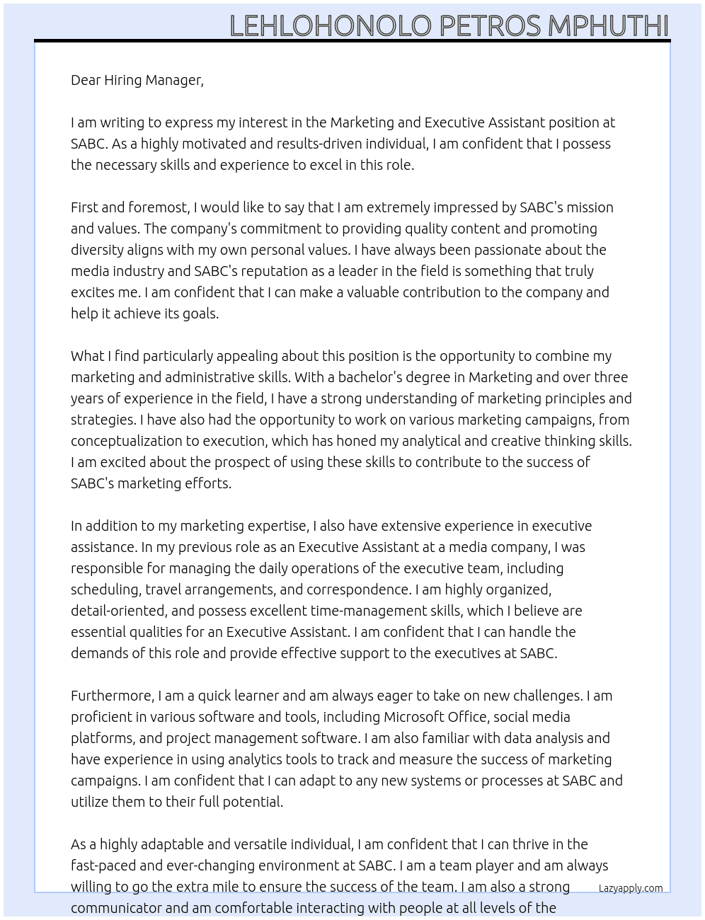 Marketing and executive Assistant  At SABC Cover Letter