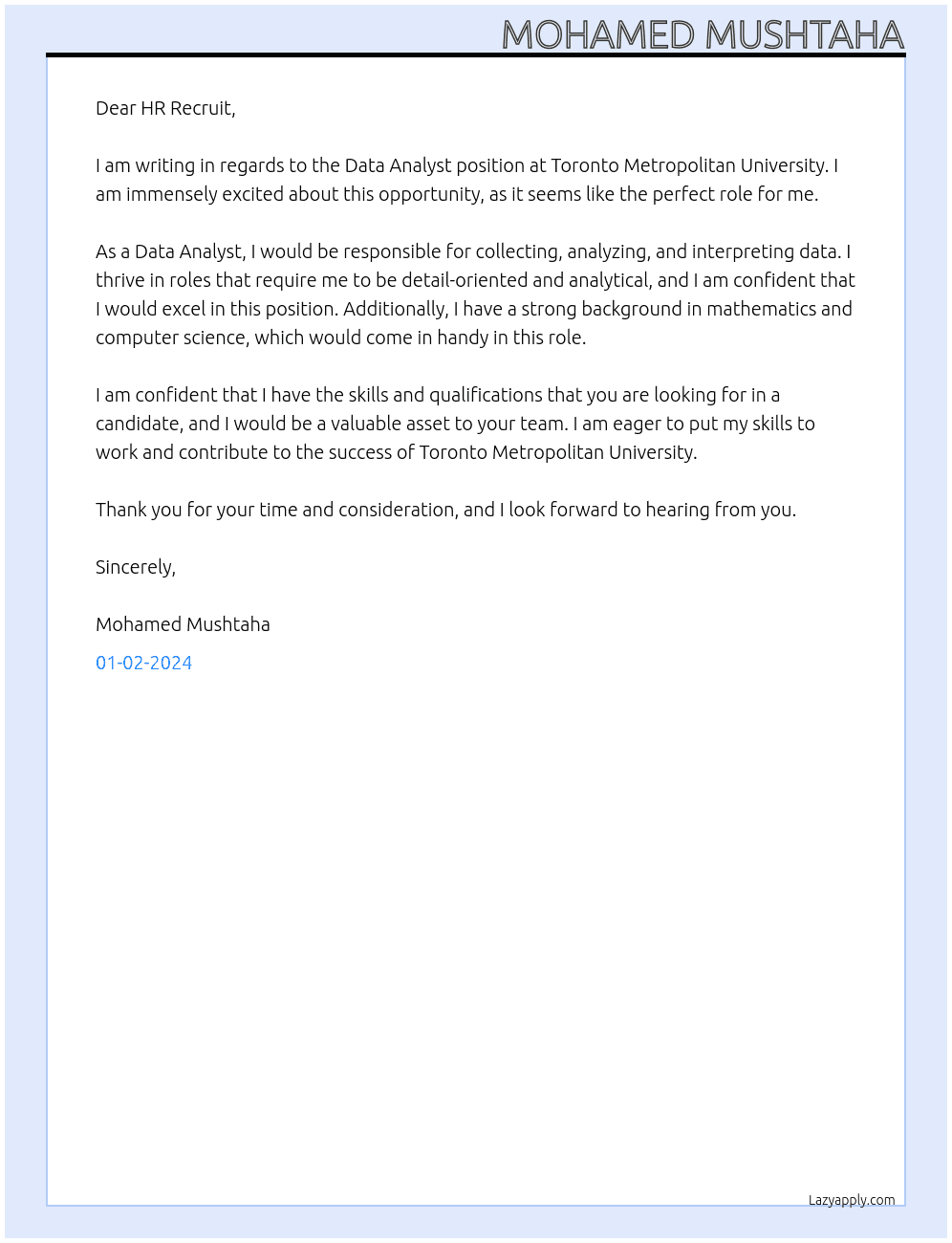 Data analyst  At Toronto Metropolitan University Cover Letter