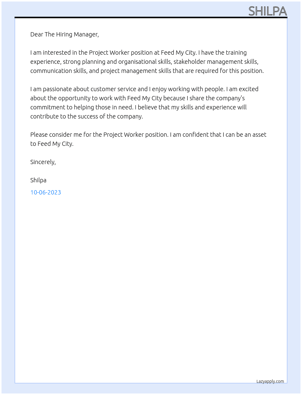 Project Worker At Feed My City Cover Letter